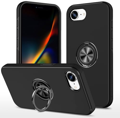 XYZNTMF for iPhone 16E Case Built-in Ring Holder Shockproof iPhone 16E Phone Case Silicone Bumper Matte Hard PC Shell Magnetic Car Mount Protective Skin Cover, Black