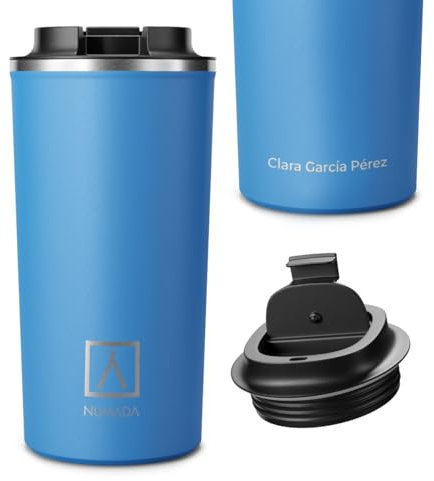 NUMADA- Vaso Termo Cafe para Llevar 500ML + Nombre, Taza Térmica Cerámica 304 Acero Inoxidable Reutilizable. Vaso Térmico Antigoteo con Tapa y Aislamiento 6 Capas, Mantiene Frío 12h y Calor 6h, Azul