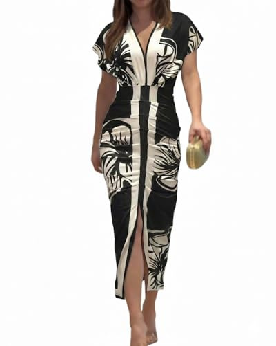 CHICME Summer Dresses for Women Plunge V Neck Ruched Midi Dress-Black-Small