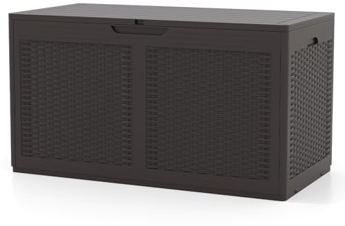 GiantexUK 380L Garden Storage Box, Waterproof Resin Deck Boxes with Lockable Sit-on Lid, Wheels & Gas Strut, Rattan Effect Outdoor Utility Chest Container for Patio Cushions Gardening Tools (Brown)