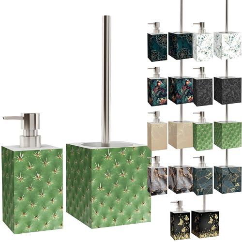 Sanilo Salle de Bain Set, Grande sélection, Distributeur de Savon et Brosse WC et Porte Brosse, Design élégant, Chic, Un bel accroche-Regard pour la Toilette (Cactus)