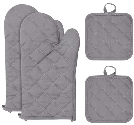 4Pcs Oven Mitts and Pot Holders Sets, Cotton Extra Long Oven Mitts and Hot Pads Sets, Heat Resistant Oven Gloves with Hot Pads for Cooking Grilling Kitchen Baking Grill BBQ Microwave (Gray)