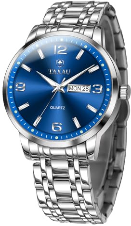 Taxau Herrenuhren Edelstahl Uhren für Männer Analog Modeuhren Blau Zifferblatt Leuchtend Mit Datum-Geschäftsuhren
