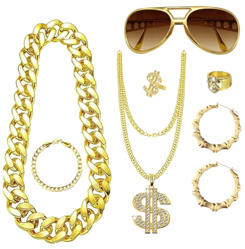 JJZENKD 8 Stück Karneval Kostümzubehör Erwachsene, 80s 90s Hip Hop Outfit, Mit Goldkette, Dollar Anhänger,Dollar Rings, Goldenes Armband, Goldene Ohrringe& Sonnenbrille, Gangster Kostüm für Herren