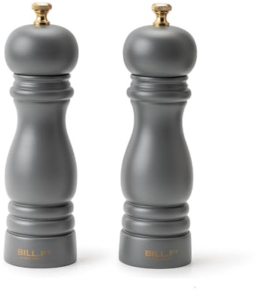 Bill.F Salt and Pepper Grinder Set of 2, 18cm Matte Grey Wooden Mill | 7 Inch adjustable ceramic rotor, refillable salt and pepper shakers for peppercorns, kitchen cooking, and gifts