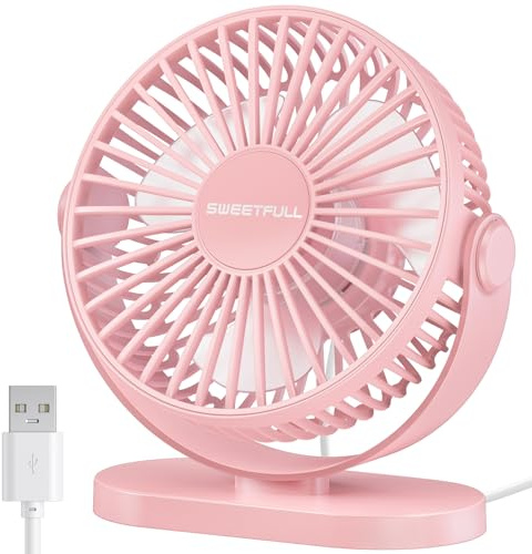 SWEETFULL USB Desk Fan, 3 Speed Silent & 360° Adjustable Mini Table Fan, Portable Compact Office Cooler for Home, Bedroom, Travel, Outdoor, Small USB Powered Desktop Powerful Cooling (Pink)