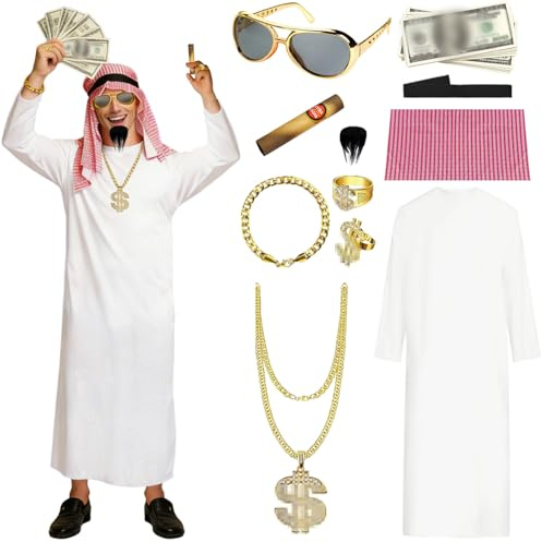 AOMAIGAD Scheich Kostüm Herren, Araber Kostüm,scheich weißer anzug,Arabischer Scheich Set,Sheikh Araber Kostüm Cosplay Outfits Faschingskostüme Scheich Arabo Costume