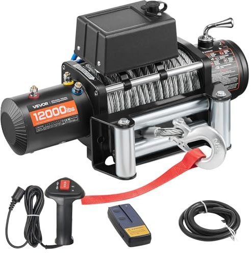 VEVOR Verricello Elettrico Carico di 5400 kg Verricello per Camion 12 V CC con Fune in Acciaio 9,1 mm x 26 m, Telecomando Wireless e Cablato, Adatto per il Traino di SUV, Jeep, Rimorchi, Barche