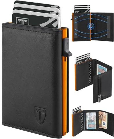 TEEHON Geldbörse Herren - Magnetischer Slim Wallet mit Münzfach&RFID Schutz&ID-Fenster-Leder Portmonee Geldbeutel kartenetui für Karten - kreditkartenetui Klein - Kartenhalter Männer -Schwarz & Orange