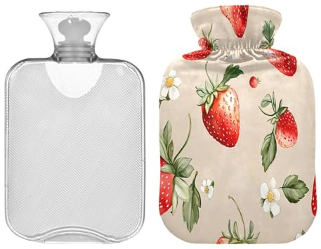 Waassud Watercolor Strawberries Hot Water Bottle with Soft Cover Hot Water Bag for Pain Relief 2L Water Heating Pad for Neck Shoulder Small