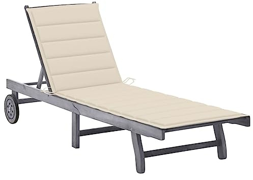 Frdhee Liegesessel, Sonnenliege mit Auflage Grau Akazie Massivholz Relaxsessel Garten für Balkon, Terrasse, Garten