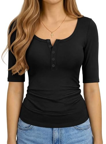 ALGALAROUND Women Henley Scoop Neck Half Sleeve Tops UK | Button Down Top T Shirts Summer T-Shirt Basic Shirt Casual Going Out Slim Fit Y2K 2026 Fall Outfits