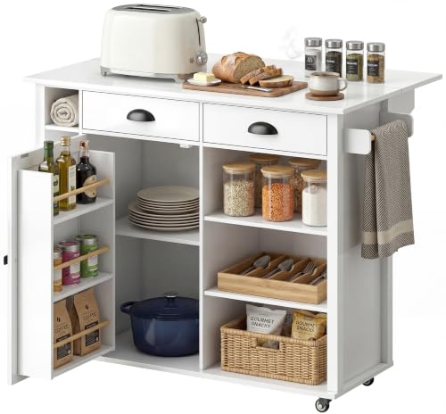 HOMCOM Isla de Cocina con Tablero Plegable 117,5x70x91 cm Blanco