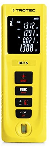 TROTEC Laser Entfernungsmesser BD16 – Digitales Messgerät Entfernung – Reichweite bis 40 m, Speicher für 10 Messwerte, IP54, Wasserwaage, Abschaltautomatik