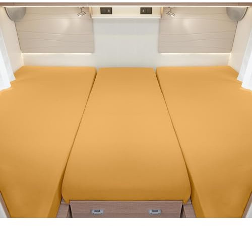 G BETTWARENSHOP – Spannbettlaken für Wohnmobile & Wohnwagen – Spannbetttuch Set 3-teilig für 2 Längsbetten + Mittelteil – Jersey Bettlaken für Heckbetten 2 Längsbetten + Mittelteil mais