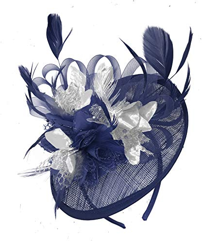 Caprilite Navy Blue and Silver Grey Sinamay Disc Saucer Fascinator Hat for Women Weddings Headband