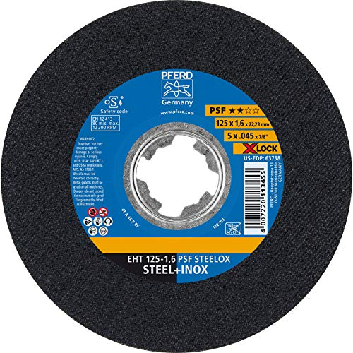 PFERD 25 x Cutting Disc, 125 x 1.6 mm, Straight, X-Lock (22.23 mm), PSF Steelox, 61721124 - for Quick and Comfortable Tool Change