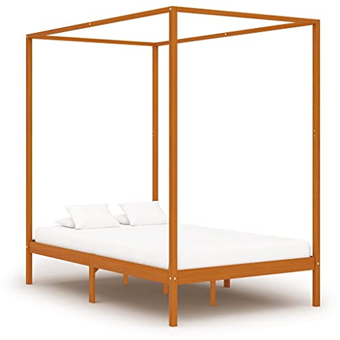 vidaXL Kiefernholz Massiv Himmelbett Bett Bettgestell Doppelbett Holzbett Bettrahmen Lattenrost Massivholzbett Honigbraun 120x200cm