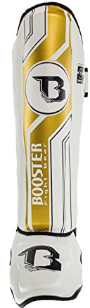 Booster Pro Range BSG V9 Protège-Tibias – Fabriqués à la Main en Thaïlande, protège-Tibias Professionnels avec Protection renforcée pour la Boxe thaï et Le Kickboxing - Blanc/Or - Größe M