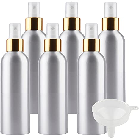TIANZD 6 Pcs 200ml Empty Silver Aluminium Fine Mist Spray Bottle with White/Gold Metal Spray Head Refillable Travel Alu Bottles for Body Sprays, Room Fragrances, Perfumes, Hair, Garden, Funnel