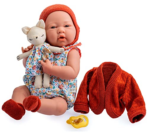 jc toys- Muñeca La Newborn recién nacida de 38 cm, de vinilo Suave, colección Nature, Con ropa floral, chupete y Peluche, niña, diseñada en España por Berenguer, +2 años