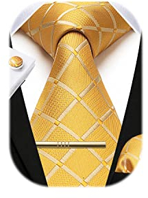 HISDERN Herren Hochzeit Gelb Krawatten und Einstecktuch Krawatte Plaid Manschettenknöpfe-Krawattenklammer-Set