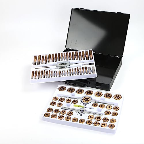 Wakuka Ensemble de tarauds et filières à roulement en acier et revêtement titane (86 pièces avec étui de rangement en métal) Tailles métriques et SAE pour filetage interne et externe