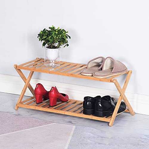XIANGLV Petite étagère à chaussures pliable en bambou à 2 niveaux sans installation, mini étagère à chaussures parfaite pour les couloirs, les chambres et les petits espaces