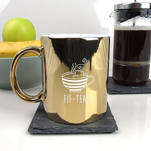 eBuyGB Engraved Metallic Shiny Gold Coffee Mug -FIF-Tea Design - 350ml Tea Cup, 50th Milestone Birthday Gifts for Men, Him - Fiftieth Gift for Friend, Brother, Son, Dad, Husband