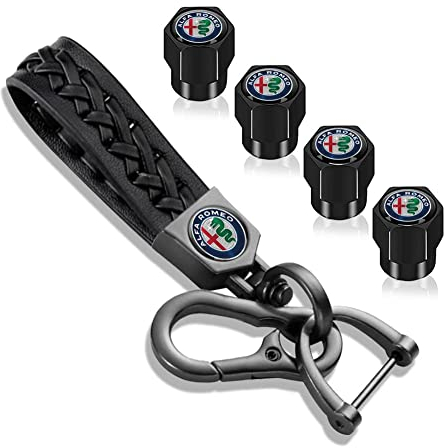 HEYCE Echtes Leder Schlüsselanhänger, Metall Schwarz Ventil Kappen, für Alfa Romeo Stelvio Giulia Brera Logo Reifen Ventilkappen Geschenk für Männer und Fraue