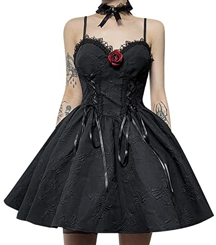 Damen Sommerkleid Minikleid Gothic Goth Dress Trägerkleid mit Spitze Retro Vintage Steampunk Röcke Punk Lolita Langarm Swing Cosplay Kostüm Fasching Fasnacht Karneval Party - M
