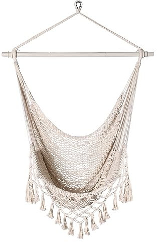 Bathonly Handgewebter Hängesessel aus Baumwollseil mit Spreizstange aus Metall, Boho Hängestuhl, Hängeschaukel mit Quaste für Schlafzimmer, Drinnen und Draußen, bis 120 Kg Belastbar, Weiß