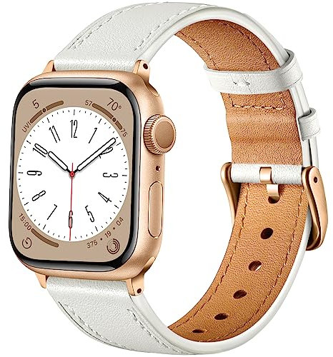 CeMiKa Leather Straps Compatible for Apple Watch Strap 41mm 40mm 38mm 42mm, Genuine Leather Replacement Strap Compatible with iWatch Series 10 9 8 7 6 5 4 3 2 1 SE/Ultra, Men and Women, Lvory White