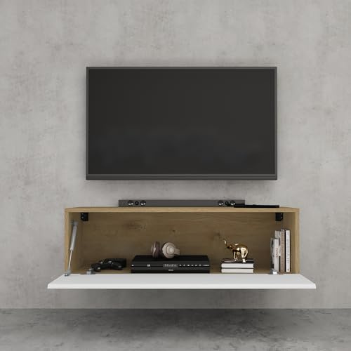 doporro TV Lowboard Schrank mit Gasdruckfedern Fernsehschrank hängend | TV Board mit Klapptür, viel Stauraum, Wand Fernsehtisch in Kerneiche und Matt Weiß, Breite: 100 cm, Fernsehschrank02