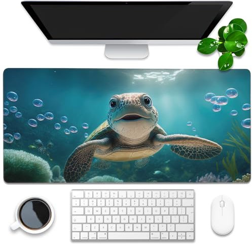 Tappetino da scrivania, motivo tartaruga sorridente sotto il mare, tappetino per mouse grande, 89,9 x 40 cm, grande tappetino per mouse con base antiscivolo e bordo cucito, tappetino per mouse lungo