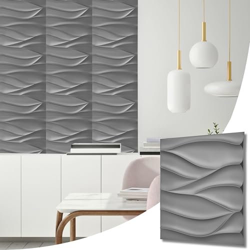 NOVECRAFTO Wavy Wave Effect 3D Wall Panels - 20 Sheets Covering 5 sqm | 53.82 sqf Interior Cladding Panels Set | 3D Wall Tiles Wavy Wave Design in Matte Grey Silver - Each Panel Size 19.7 x 19.7