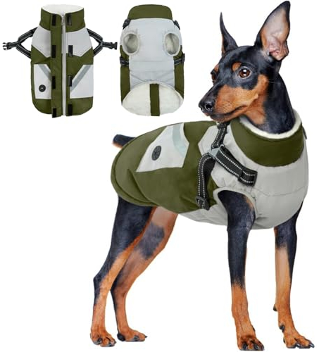 PUMYPOREITY Hundemantel mit Geschirr, Wasserdichter Hundemantel Winddichte Hundejacke Regenbekleidung Hundemantel Gefüttert Winterjacke für Kleine Mittelgroße Große Hunde(Armeegrün, XS)