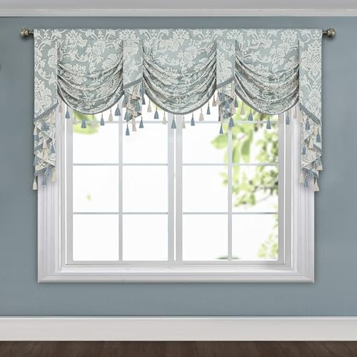 TOPLUXE Swag Valance for Windows, Damask Waterfall Valance with Tassels, Short Curtain for Bedroom Living Room Kitchen, Rod Pocket (Width 200cm, Green)