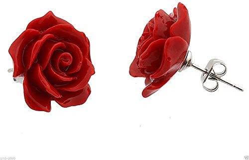 GaRcan Orecchini a Bottone in Argento Sterling 925 con Fiori di Rosa di Corallo Rosso da 12 mm