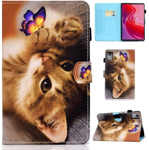 Auslbin Funda de Cuero PU para Lenovo Tab M11 11 2024 - Slim, Lightweight Stand with Auto Sleep/Wake Function, Featuring Feline Designs, Mariposa y Gato