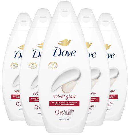Dove Body Wash 0% Sulfate SLES for Women Made with Naturally Derived Cleansers and Plant Based Moisturiseres Gently Cleanses for Softer and Smoother Skin, 225ml (5 Pack, Velvet Glow)