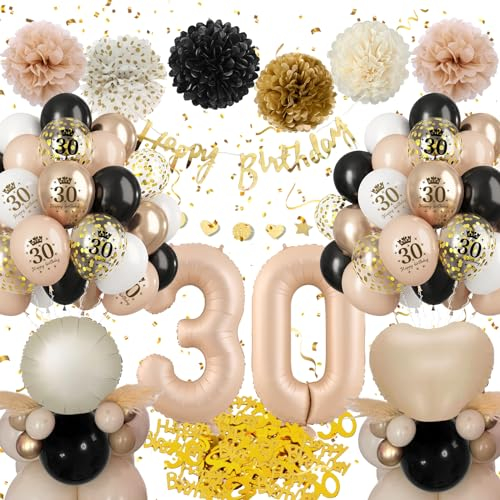 Almaxi 30th Birthday Decorations, Black Gold Beige Balloons for Women, Included 30 Number Foil Balloon, Happy Birthday Banner, Latex Balloons & Pompoms for Party Decorations
