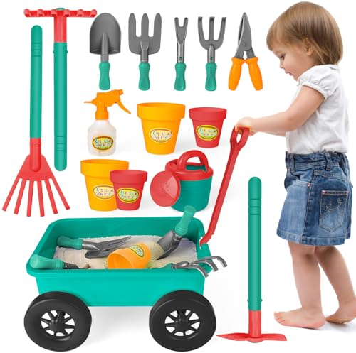 deAO Set da Giardinaggio con Carriola per Bambini, Vasi per Piante, Set da Gioco 14 Pezzi con Attrezzi da Giardinaggio per Bambini, Set di Attrezzi da Giardinaggio all'aperto 3 anni+,Verde