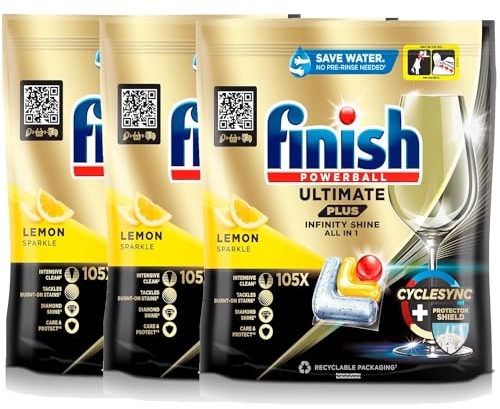 Finish Ultimate Plus Infinity Shine Citrus Spülmaschinentabs – Geschirrspültabs für intensive Reinigung, Fettlösekraft und Glanz mit Schutzschild – 315 Finish Caps (3x105 Caps)
