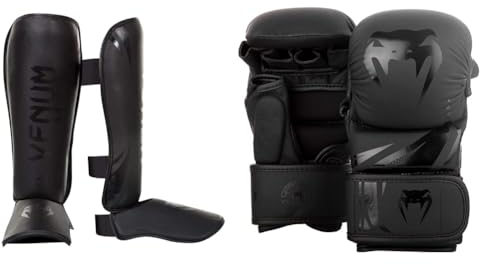 Venum Unisex Schienbeinschutz Challenger Schienbeinshoner, Schwarz/Matt, M & Unisex Challenger 3.0 MMA Sparring Handschuhe, Schwarz/Schwarz, M EU