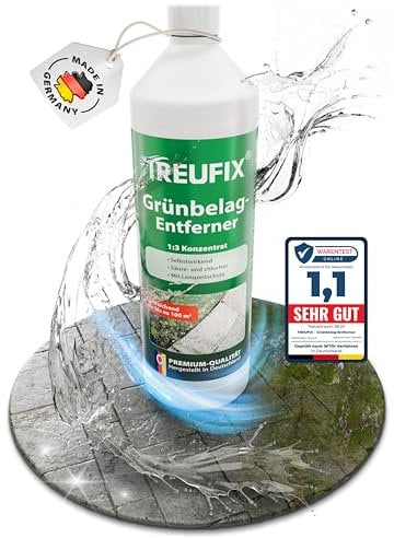 Treufix - Grünbelagentferner & Moosentferner Konzentrat [Chlor- und säurefrei] selbsttätige Entfernung von Grünspan, Grünbelag & Moos |Steinreiniger für Pflastersteine, Terrassen 1L Made in DE