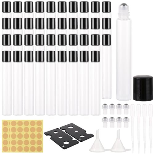 LDXDRU 40 Pack 10ml Glass Roller Bottles, Clear Roll on Bottles with Balls, Essential Oil Rollball Bottles for Perfume Fragrance Aromatherapy - 50pcs Sticker, 4pcs Pipette, 2pcs Opener & Funnel