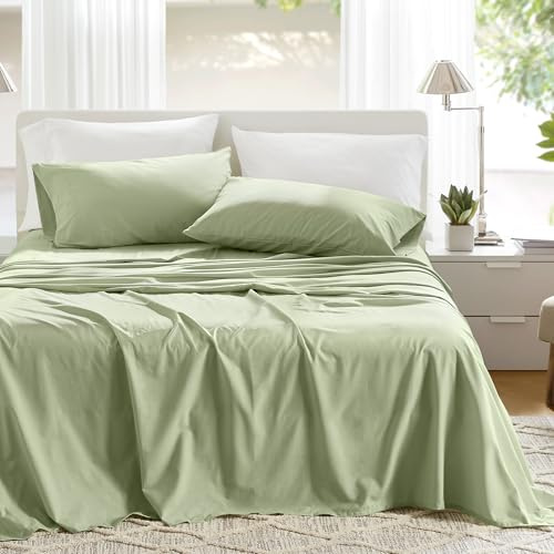 Comfort Spaces 100% Cotton Sheets Twin, Breathable & Soft Cotton Sheets, Naturally Cool Cotton Bed Sheets with 12 Elastic Pocket Fits up to 14 Mattress, All Seasons Sheet Set, Sage Green 3 Piece