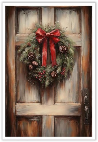 ZETCGSH Vintage Winter Xmas Haustür Kranz Weihnachten Leinwand Wandkunst Dekor Poster Weihnachtskranz Wandkunst Rustikale Weihnachten Tannenzapfen Urlaub Home Room Decor Ästhetik 30,5 x 40,6 cm