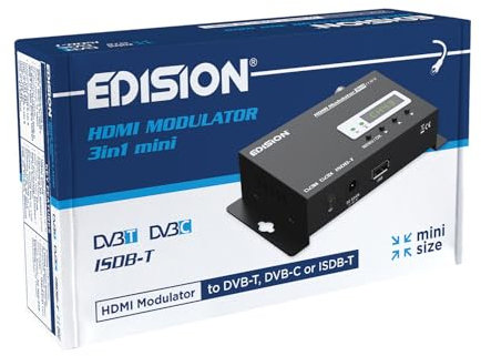 EDISION HDMI Modulator 3in1 Mini, Modulador HDMI a Terrestre DVB-T, ISDB-T o Cable DVB-C, Distribución Full HD sobre Cable Coaxial, Tamaño Mini, Pantalla LED, Instalación rápida, Plug & Play